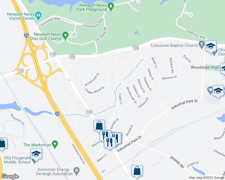 map of restaurants, bars, coffee shops, grocery stores, and more near 847 Chapin Wood Drive in Newport News