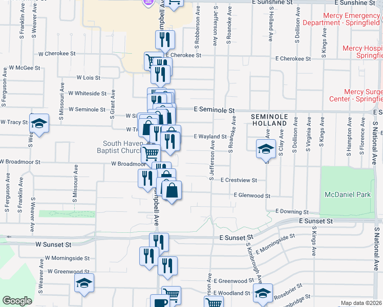 map of restaurants, bars, coffee shops, grocery stores, and more near 215 East Broadmoor Street in Springfield