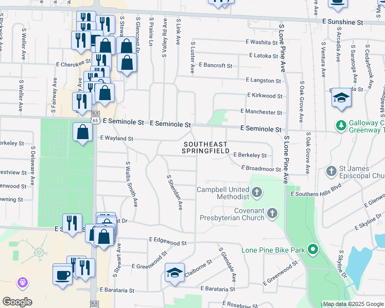 map of restaurants, bars, coffee shops, grocery stores, and more near 2162 E Berkeley St in Springfield