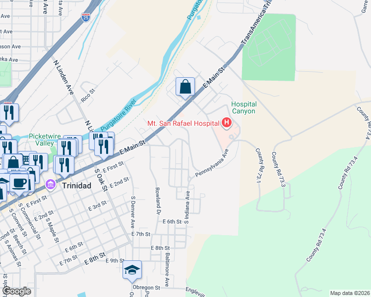 map of restaurants, bars, coffee shops, grocery stores, and more near 604 South Indiana Avenue in Trinidad