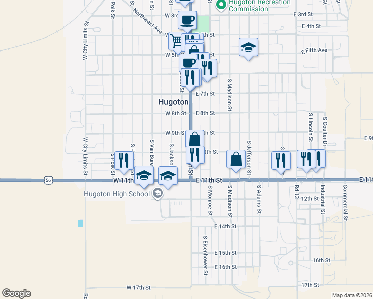 map of restaurants, bars, coffee shops, grocery stores, and more near 151-199 West 10th Street in Hugoton