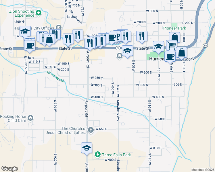 map of restaurants, bars, coffee shops, grocery stores, and more near 309 South 525 West in Hurricane