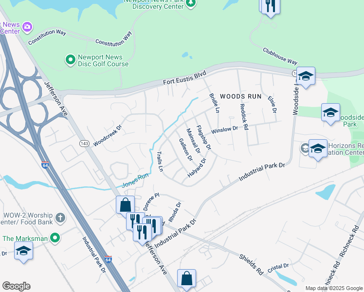 map of restaurants, bars, coffee shops, grocery stores, and more near 723 Galleon Drive in Newport News