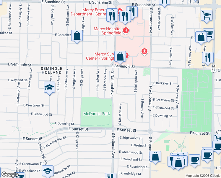 map of restaurants, bars, coffee shops, grocery stores, and more near 2369 South National Avenue in Springfield