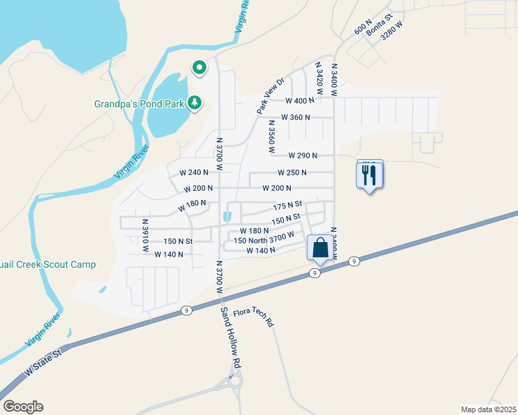 map of restaurants, bars, coffee shops, grocery stores, and more near 3572 150 North Street in Hurricane
