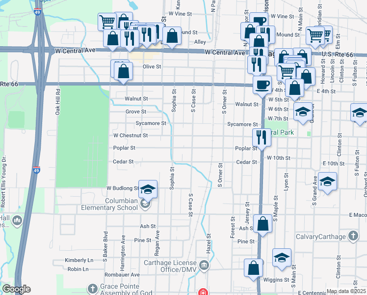 map of restaurants, bars, coffee shops, grocery stores, and more near 819 Poplar Street in Carthage