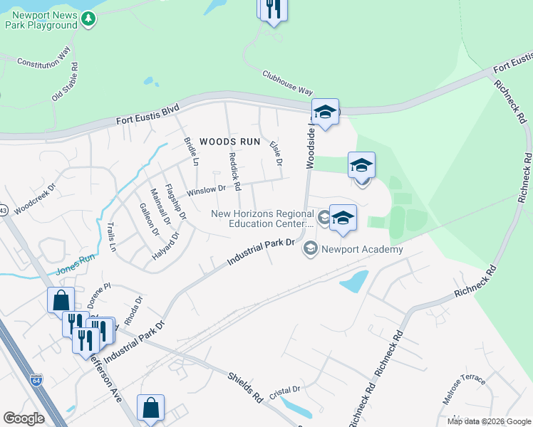 map of restaurants, bars, coffee shops, grocery stores, and more near 775 Industrial Park Drive in Newport News