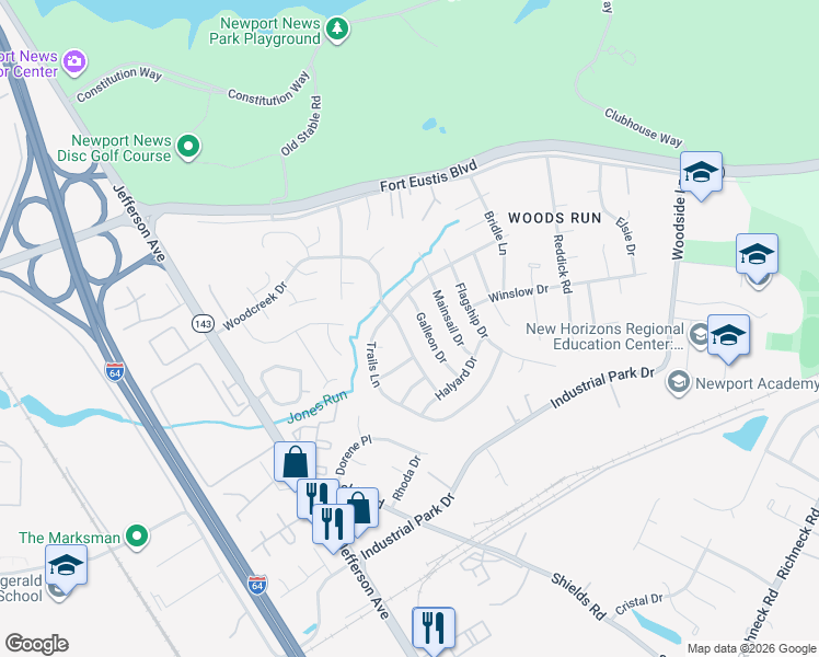map of restaurants, bars, coffee shops, grocery stores, and more near 706 Lateen Court in Newport News