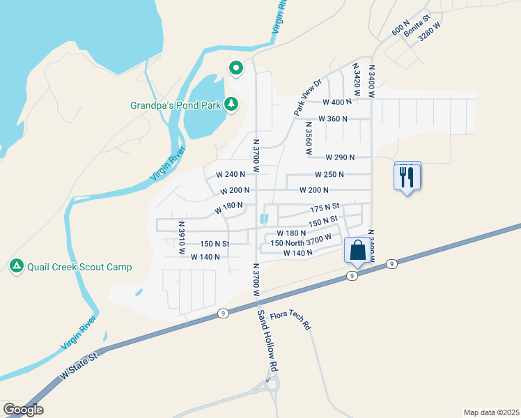 map of restaurants, bars, coffee shops, grocery stores, and more near 179 North 3670 West in Hurricane