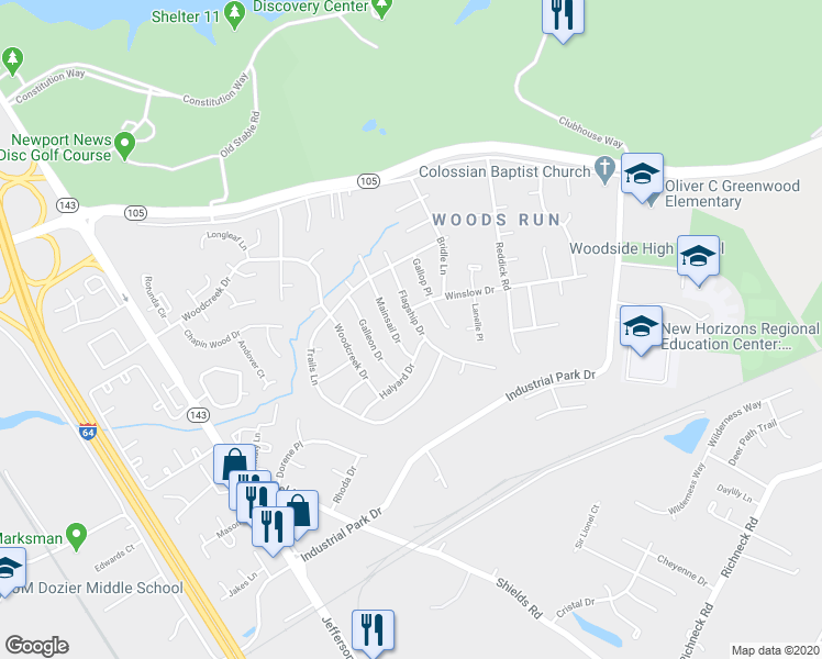 map of restaurants, bars, coffee shops, grocery stores, and more near 727 Flagship Drive in Newport News