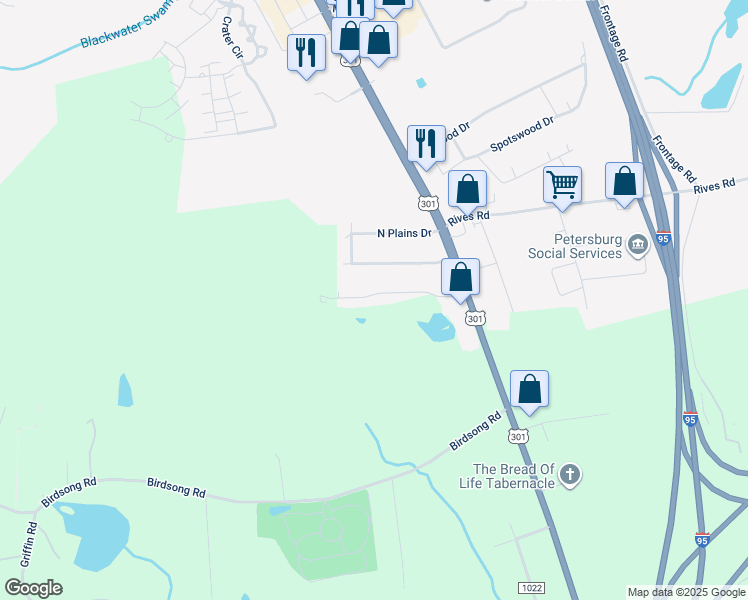 map of restaurants, bars, coffee shops, grocery stores, and more near 118 Richland Road in Petersburg