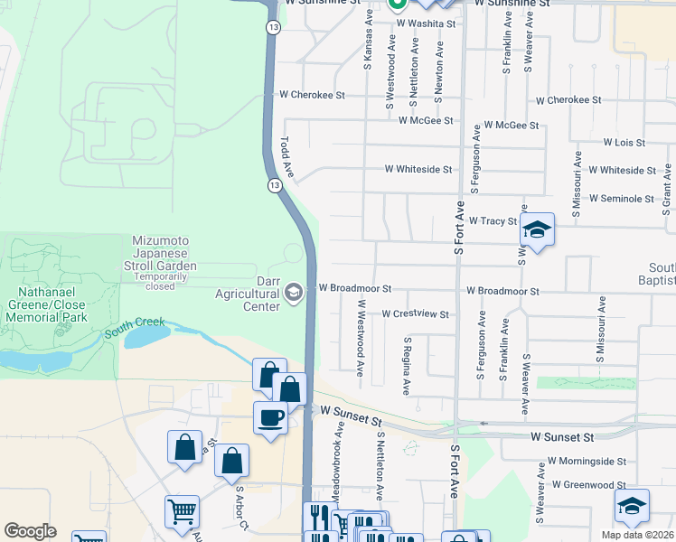map of restaurants, bars, coffee shops, grocery stores, and more near 1642 West Broadmoor Street in Springfield