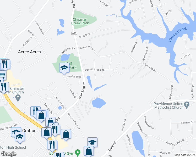 map of restaurants, bars, coffee shops, grocery stores, and more near 207 Wharf Row in Yorktown