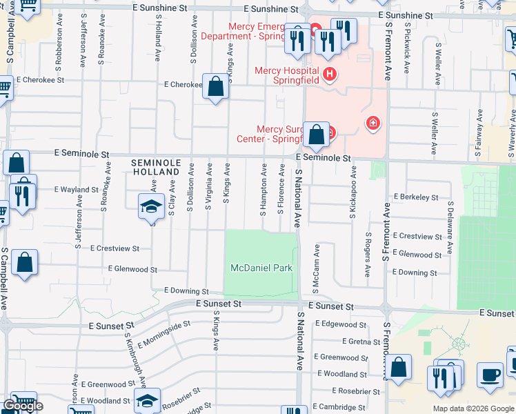 map of restaurants, bars, coffee shops, grocery stores, and more near 2350 S Hampton Ave in Springfield