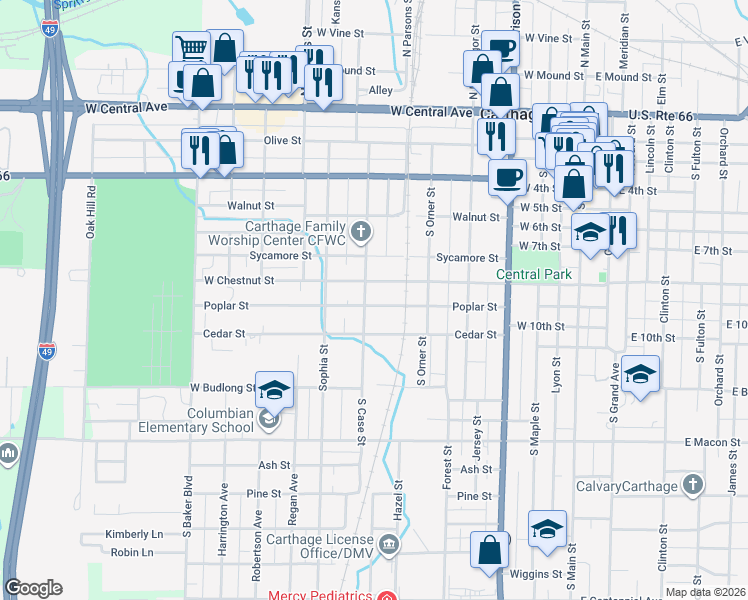 map of restaurants, bars, coffee shops, grocery stores, and more near 912 South Case Street in Carthage