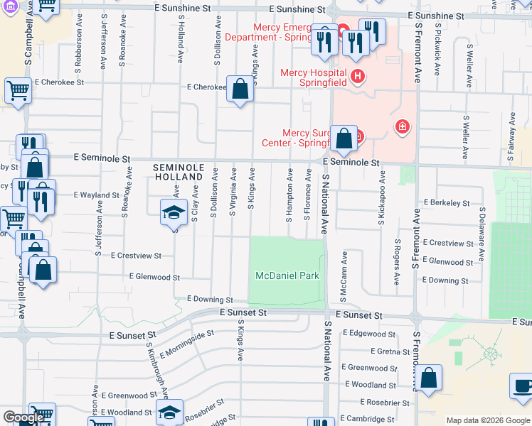 map of restaurants, bars, coffee shops, grocery stores, and more near 2352 South Maryland Avenue in Springfield