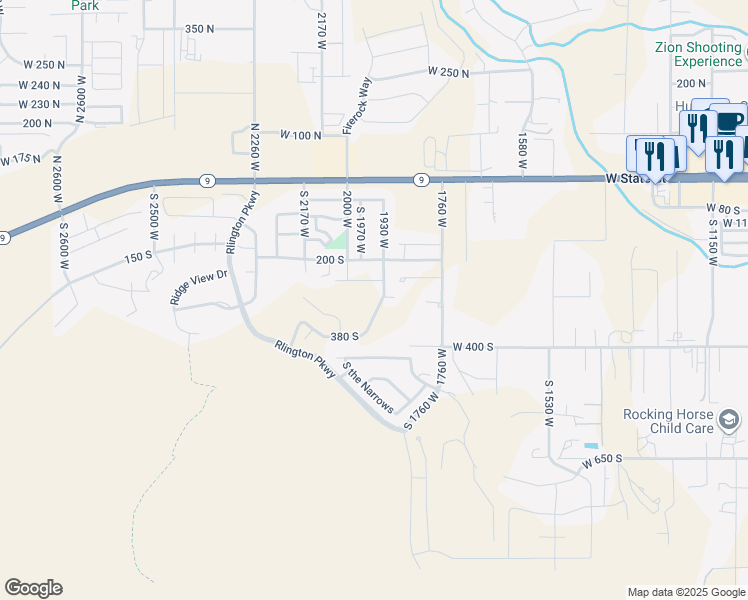 map of restaurants, bars, coffee shops, grocery stores, and more near 1979 West 200 South in Hurricane