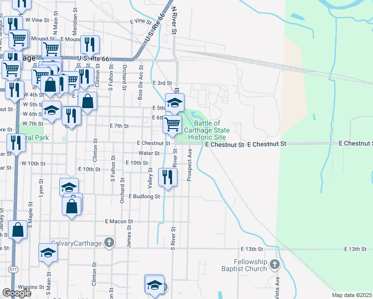 map of restaurants, bars, coffee shops, grocery stores, and more near 1101-1147 East Chestnut Street in Carthage