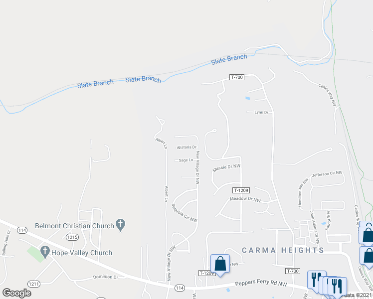 map of restaurants, bars, coffee shops, grocery stores, and more near 145 Wistaria Drive in Christiansburg