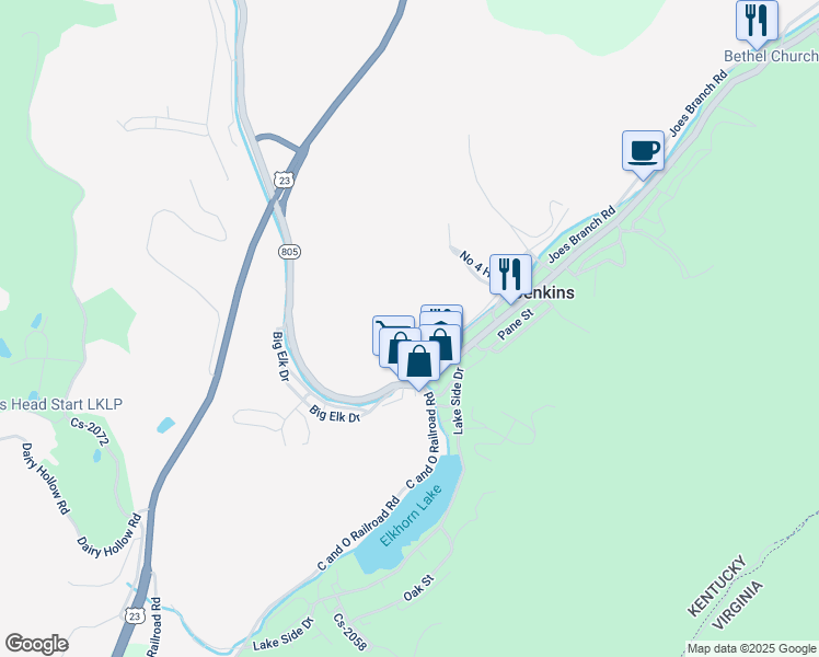 map of restaurants, bars, coffee shops, grocery stores, and more near 119 Freedom Lane in Jenkins