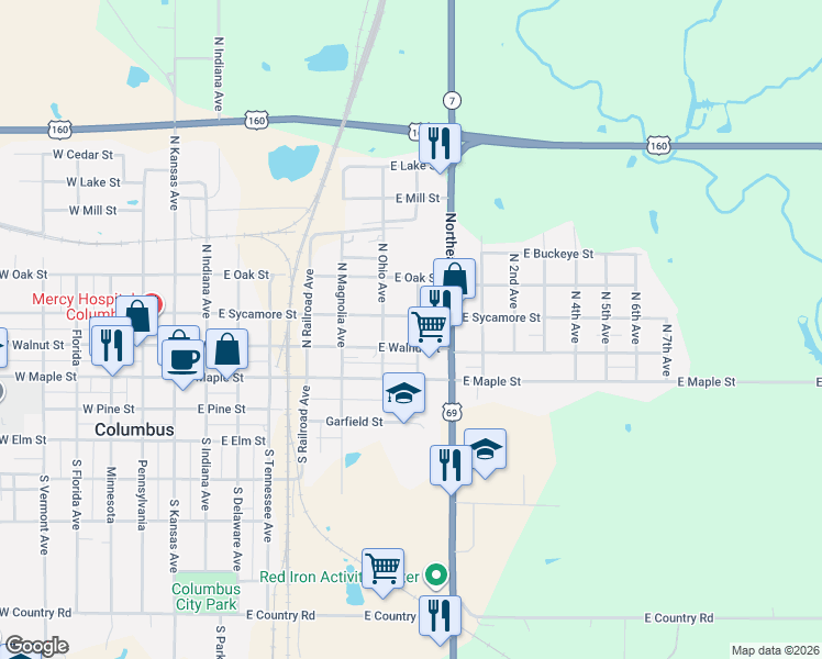 map of restaurants, bars, coffee shops, grocery stores, and more near 213 North Illinois Avenue in Columbus
