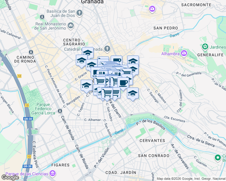 map of restaurants, bars, coffee shops, grocery stores, and more near s/n Calle Ángel Ganivet in Granada