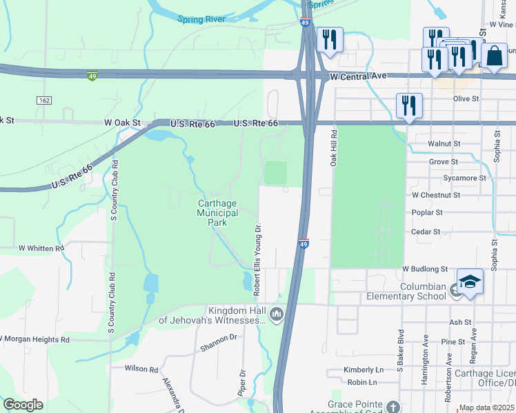 map of restaurants, bars, coffee shops, grocery stores, and more near Robert Ellis Young Drive in Carthage