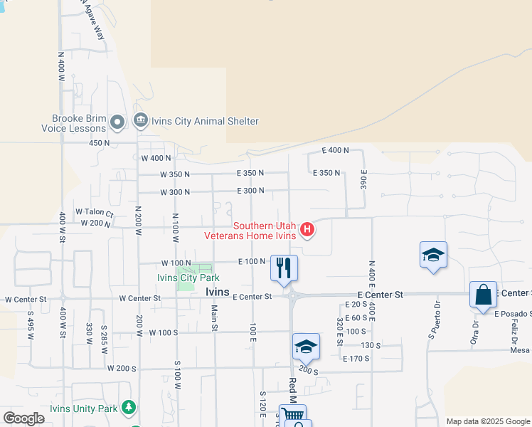 map of restaurants, bars, coffee shops, grocery stores, and more near 155 East 200 North in Ivins