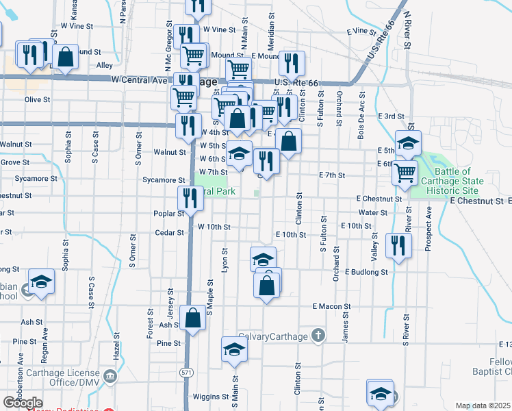map of restaurants, bars, coffee shops, grocery stores, and more near 205 East Chestnut Street in Carthage