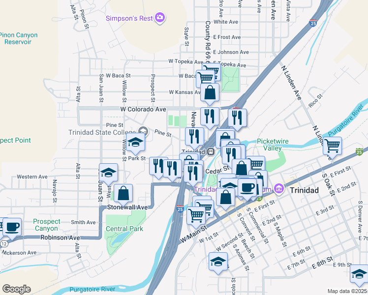 map of restaurants, bars, coffee shops, grocery stores, and more near 217-219 Pine Street in Trinidad