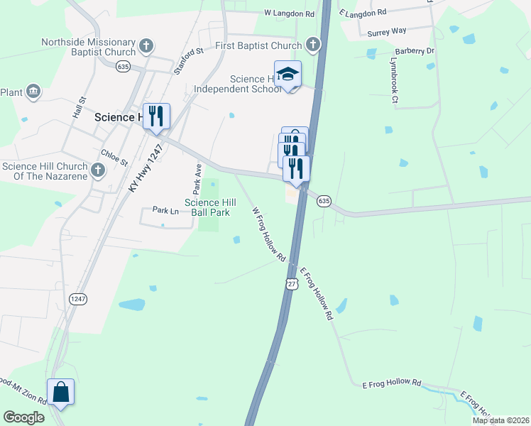 map of restaurants, bars, coffee shops, grocery stores, and more near 125 West Highway 635 in Science Hill