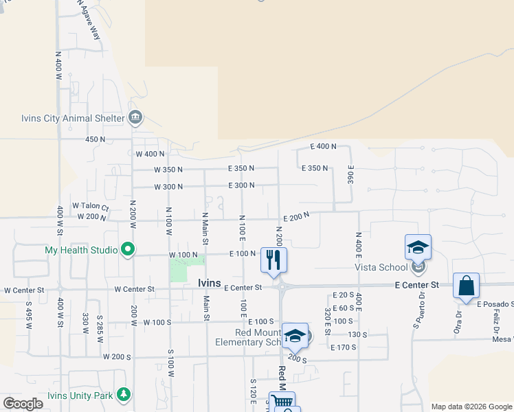 map of restaurants, bars, coffee shops, grocery stores, and more near 155 East 200 North in Ivins