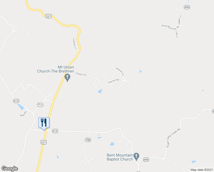 map of restaurants, bars, coffee shops, grocery stores, and more near 9580 Airpoint Road in Bent Mountain