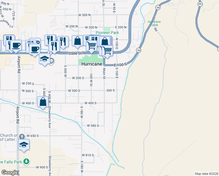 map of restaurants, bars, coffee shops, grocery stores, and more near 39 East 300 South in Hurricane