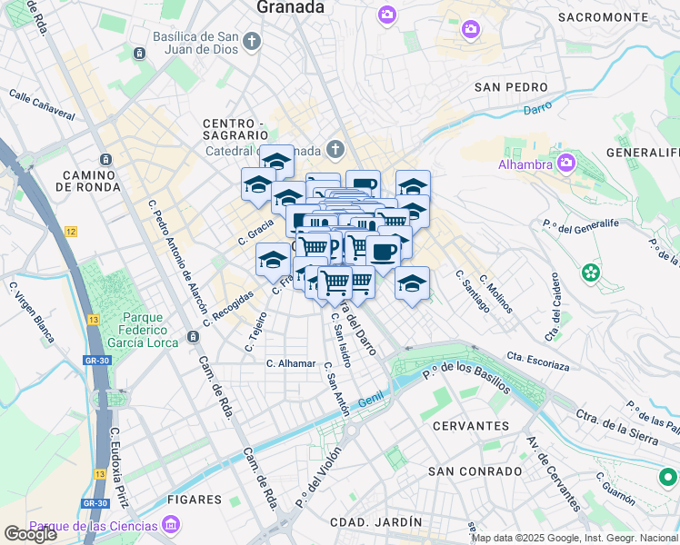 map of restaurants, bars, coffee shops, grocery stores, and more near 15 Calle Acera del Casino in Granada