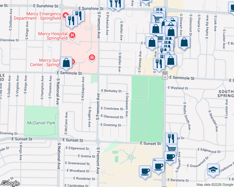 map of restaurants, bars, coffee shops, grocery stores, and more near 1519 East Berkeley Street in Springfield