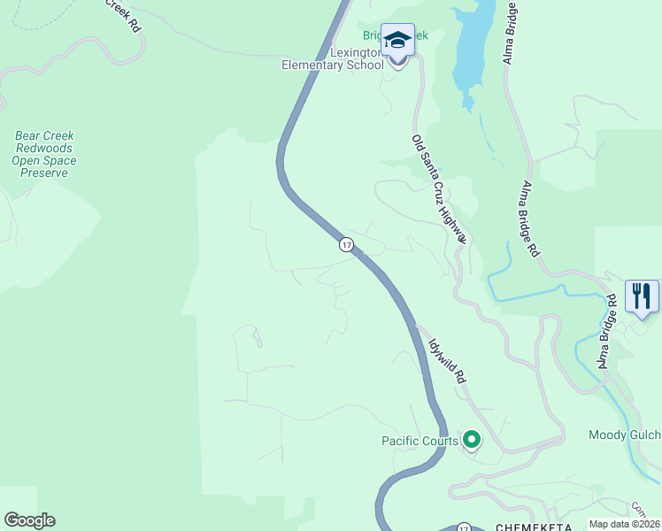 map of restaurants, bars, coffee shops, grocery stores, and more near 20525 Iron Springs Road in Los Gatos
