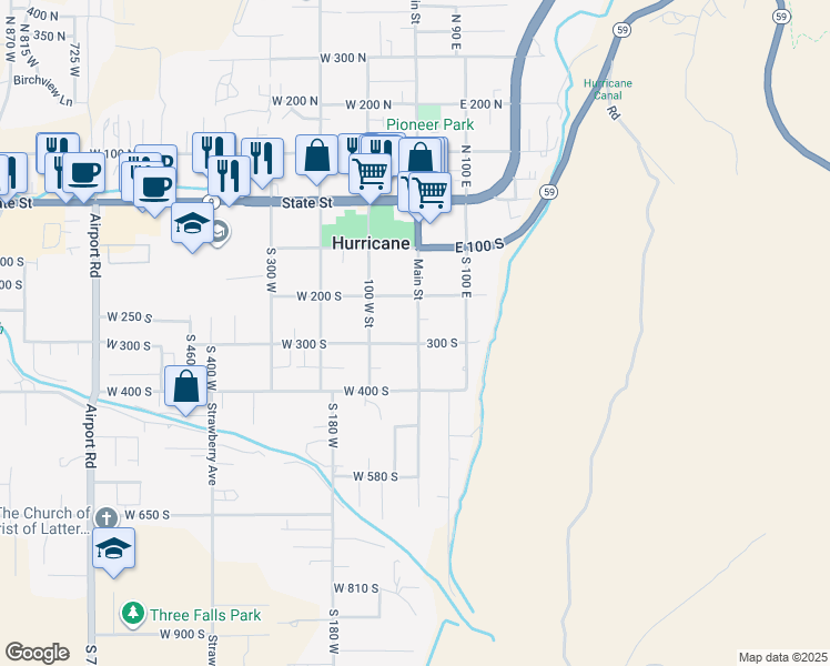 map of restaurants, bars, coffee shops, grocery stores, and more near 6 West 300 South in Hurricane