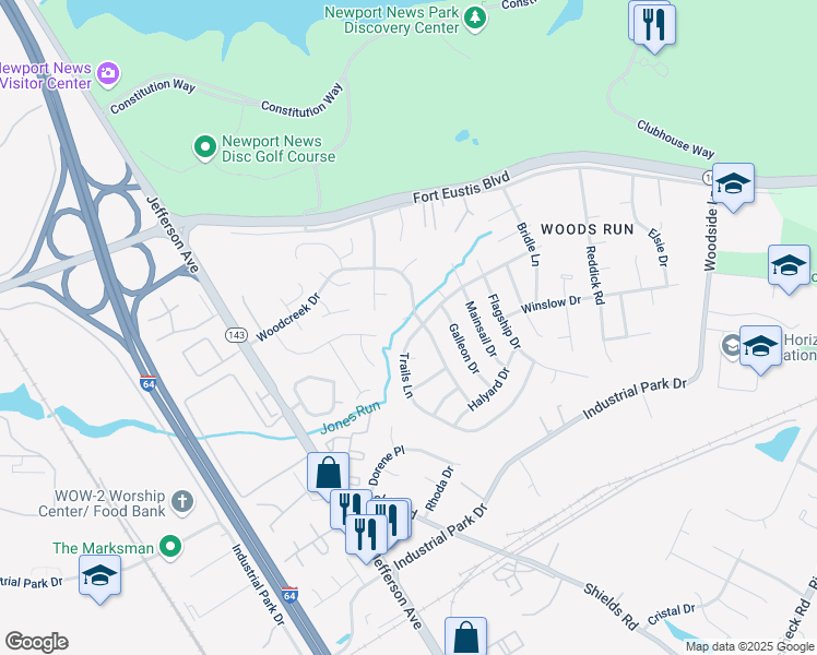 map of restaurants, bars, coffee shops, grocery stores, and more near 705 Topsider Court in Newport News