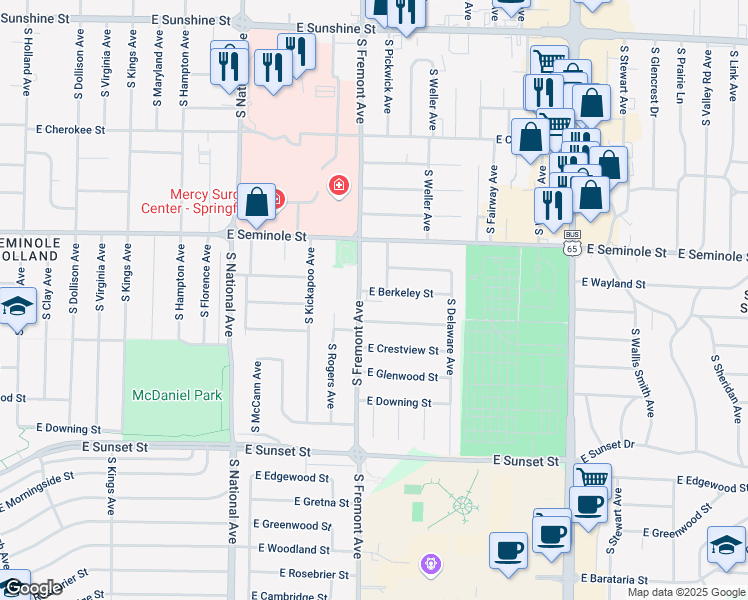 map of restaurants, bars, coffee shops, grocery stores, and more near 3 East Berkeley Street in Springfield