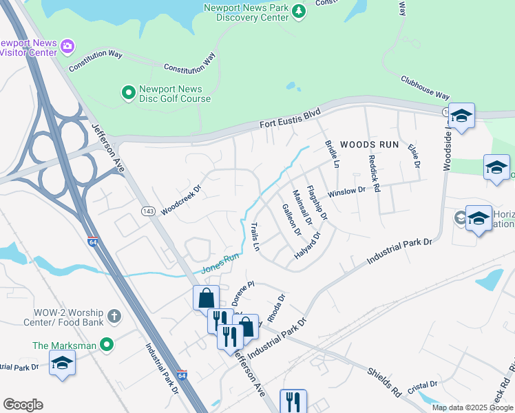 map of restaurants, bars, coffee shops, grocery stores, and more near 705 Topsider Court in Newport News