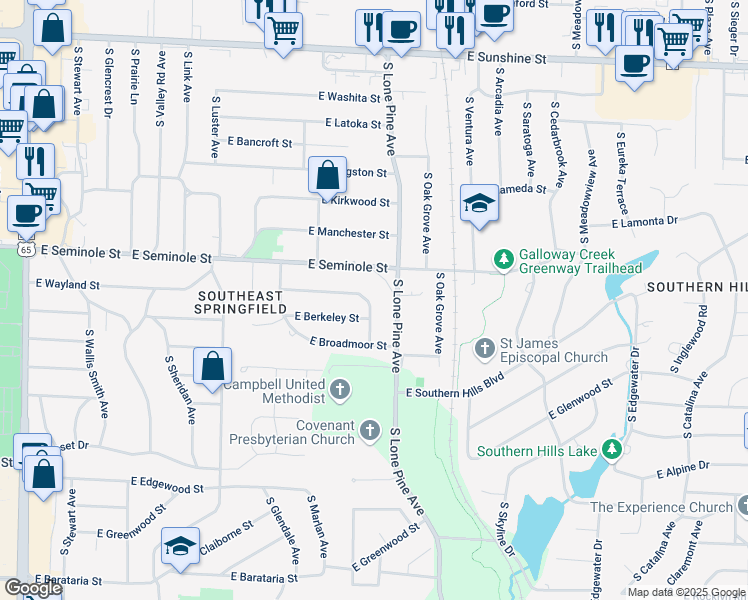 map of restaurants, bars, coffee shops, grocery stores, and more near 2240 South Patterson Avenue in Springfield