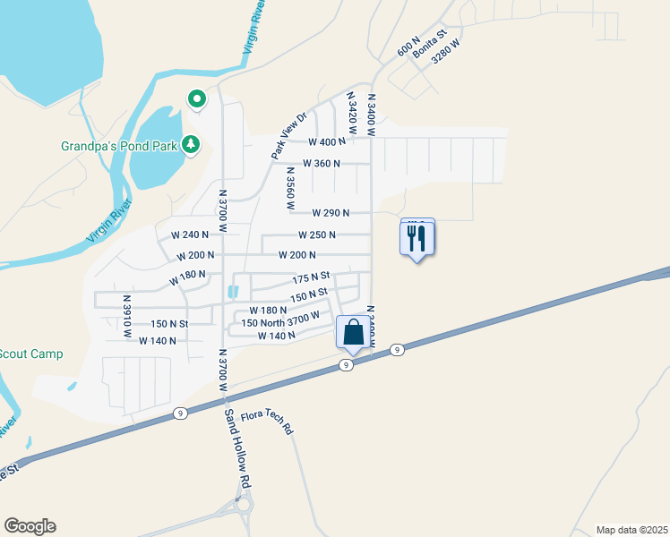 map of restaurants, bars, coffee shops, grocery stores, and more near 3448 West 175 North in Hurricane
