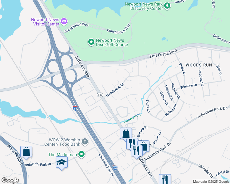 map of restaurants, bars, coffee shops, grocery stores, and more near 13411 Oakleaf Court in Newport News