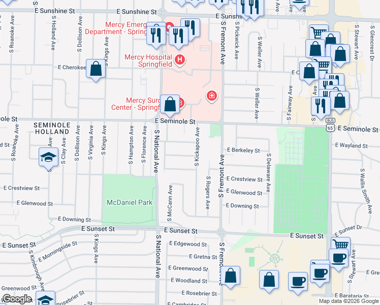 map of restaurants, bars, coffee shops, grocery stores, and more near 1276 East Wayland Street in Springfield