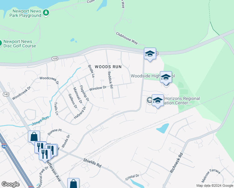 map of restaurants, bars, coffee shops, grocery stores, and more near 491 Trumble Lane in Newport News