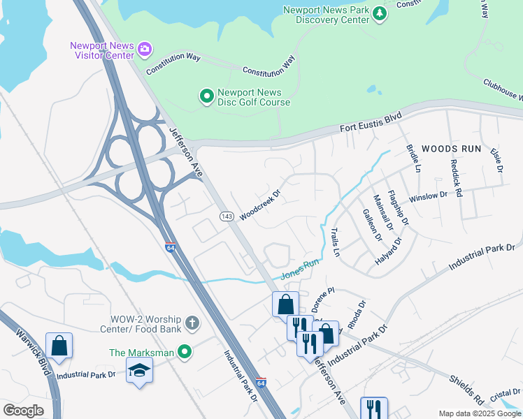 map of restaurants, bars, coffee shops, grocery stores, and more near 13411 Oakleaf Court in Newport News