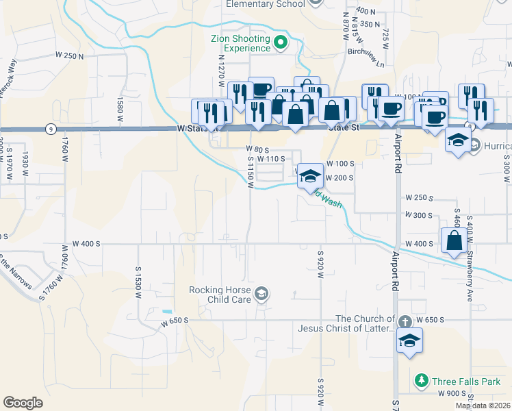 map of restaurants, bars, coffee shops, grocery stores, and more near 291 South 1150 West in Hurricane