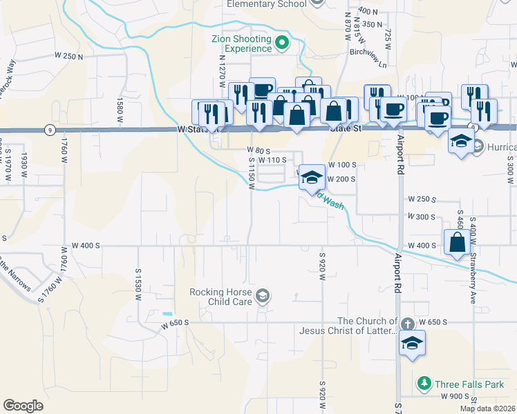 map of restaurants, bars, coffee shops, grocery stores, and more near 291 South 1150 West in Hurricane