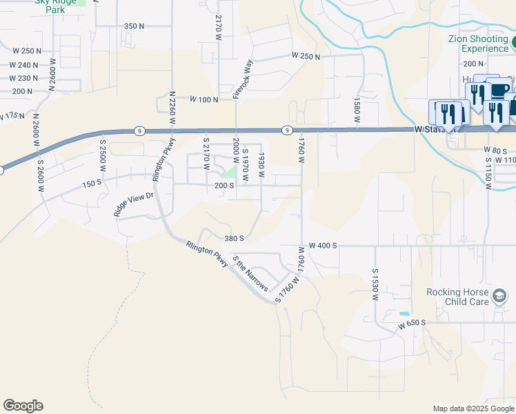 map of restaurants, bars, coffee shops, grocery stores, and more near 221 1930 West in Hurricane